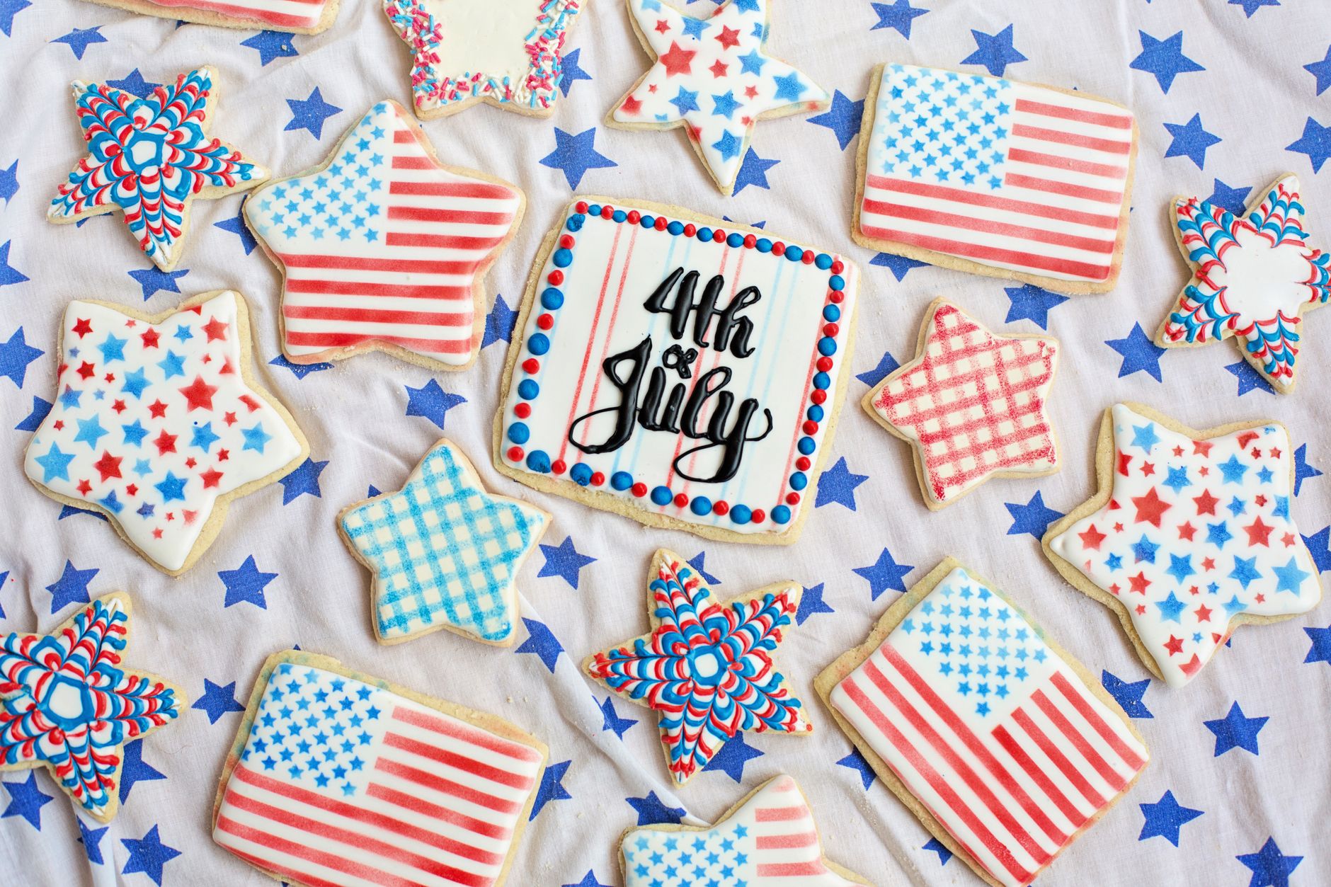 top view of cookies with red and blue icing